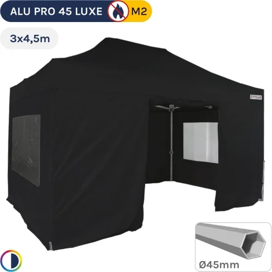 Barnum pliant - Stand pliant Alu Pro 45 LUXE M2 3mx4,5m NOIR + Pack Fenêtres 380gr/m²