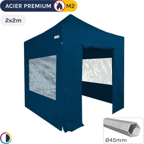 Barnum Pliant - Stand Acier Premium M2 2x2m BLEU + Pack Fenêtres 380gr/m²