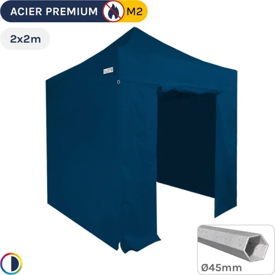 Barnum Pliant - Stand Acier Premium M2 2x2m BLEU + Pack Côtés 380gr/m²