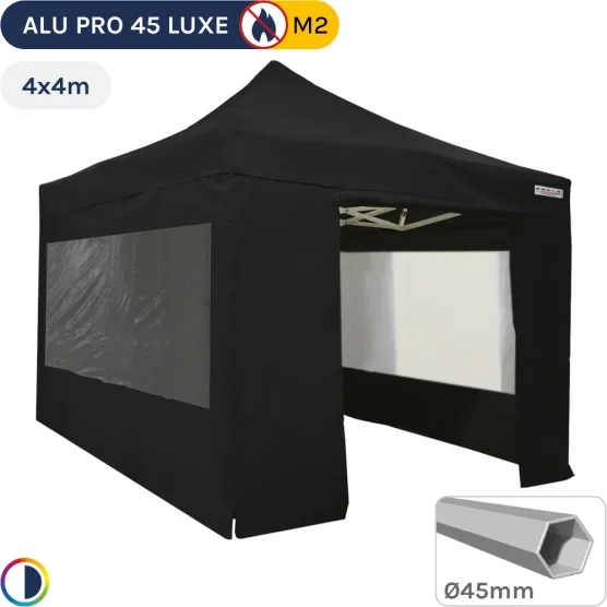 Barnum pliant - Stand pliant Alu Pro 45 LUXE M2 4mx4m NOIR + Pack Fenêtres 380gr/m²