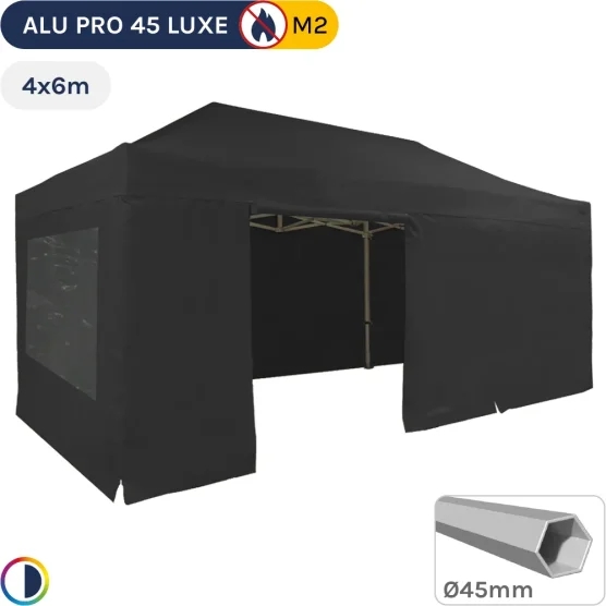 Barnum pliant - Stand pliant Alu Pro 45 LUXE M2 4mx6m NOIR + Pack Fenêtres 380gr/m²