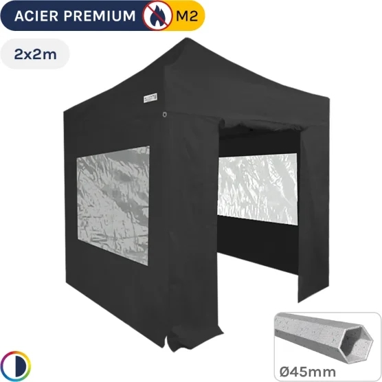 Barnum Pliant - Stand Acier Premium M2 2x2m NOIR + Pack Fenêtres 380gr/m²