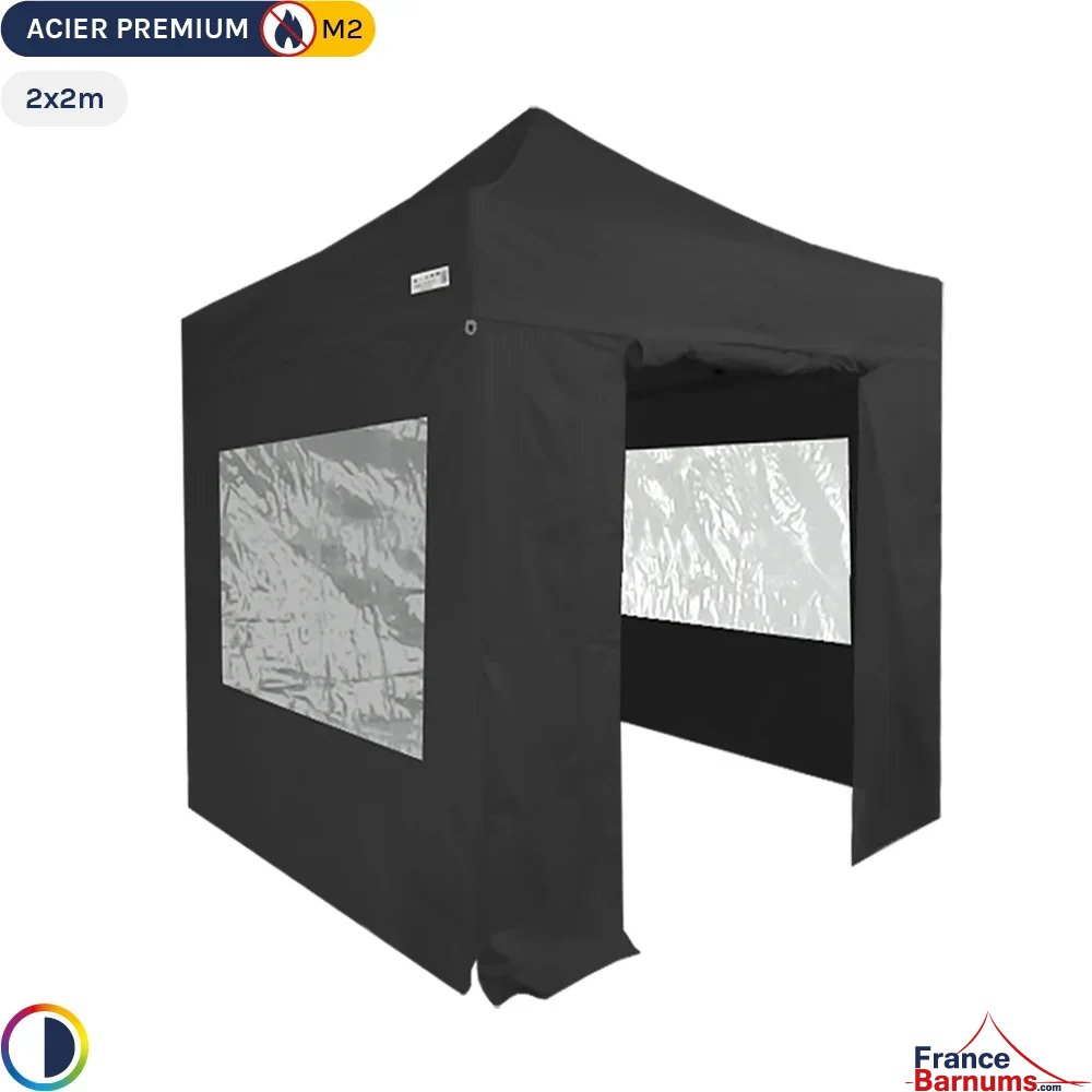 Tente Pliante - Stand Acier Premium M2 2x2m NOIR + Pack Fenêtres 380gr/m²