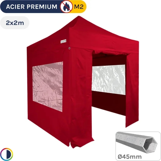 Barnum Pliant - Stand Acier Premium M2 2x2m ROUGE + Pack Fenêtres 380gr/m²