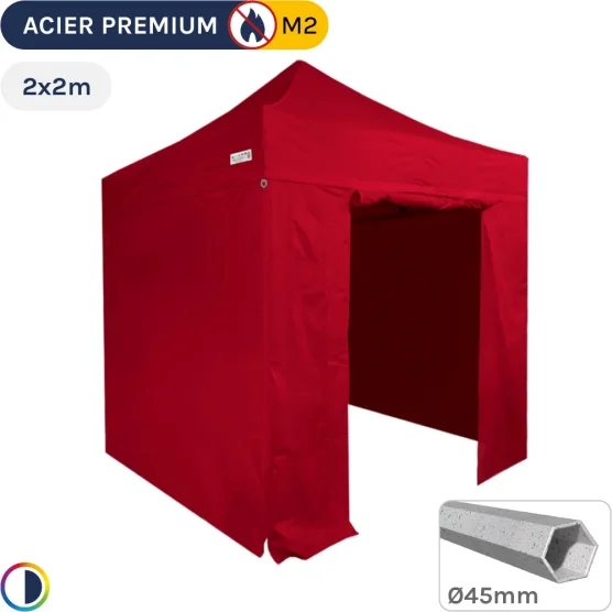 Barnum Pliant - Stand Acier Premium M2 2x2m ROUGE + Pack Côtés 380gr/m²