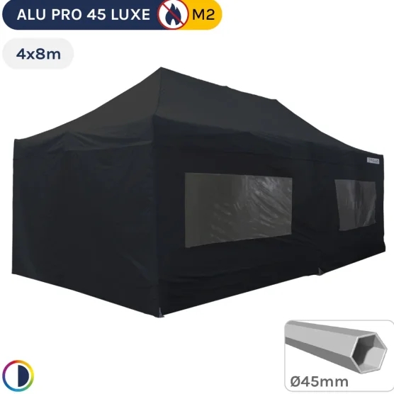 Barnum pliant - Stand pliant Alu Pro 45 LUXE M2 4mx8m NOIR + Pack Fenêtres 380gr/m²