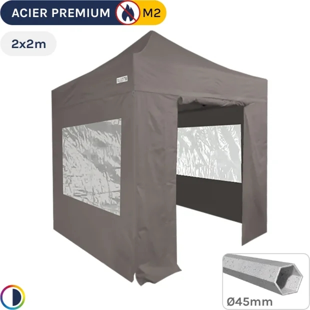 Barnum Pliant - Stand Acier Premium M2 2x2m TAUPE + Pack Fenêtres 380gr/m²