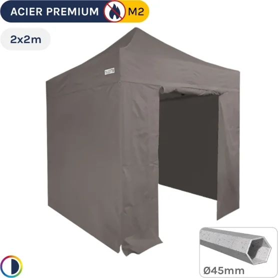 Barnum Pliant - Stand Acier Premium M2 2x2m TAUPE + Pack Côtés 380gr/m²