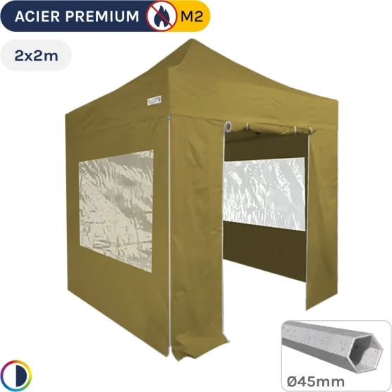 Barnum Pliant - Stand Acier Premium M2 2x2m VERT DORÉ + Pack Fenêtres 380gr/m²