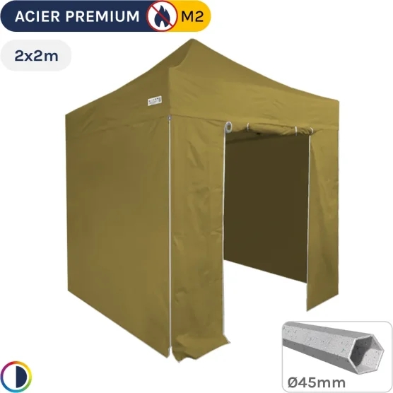 Barnum Pliant - Stand Acier Premium M2 2x2m VERT DORÉ + Pack Côtés 380gr/m²