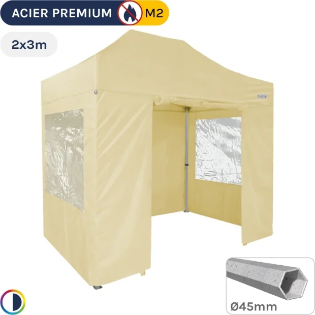 Barnum Pliant - Stand Acier Premium M2 2x3m BEIGE + Pack Fenêtres 380gr/m²