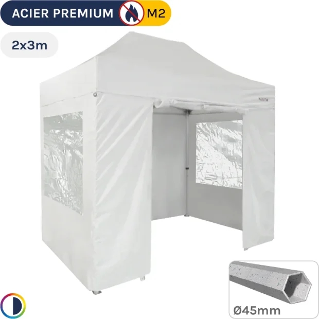 Barnum Pliant - Stand Acier Premium M2 2x3m BLANC + Pack Fenêtres 380gr/m²