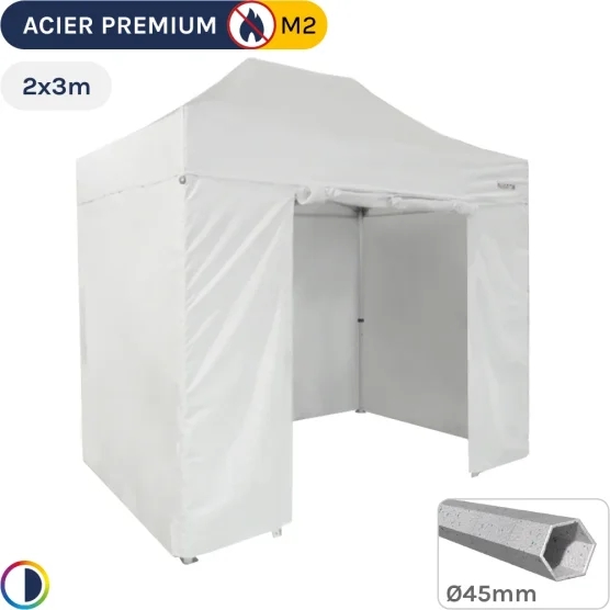 Barnum Pliant - Stand Acier Premium M2 2x3m BLANC + Pack Côtés 380gr/m²