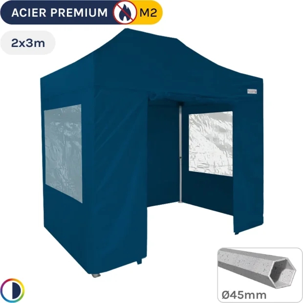 Barnum Pliant - Stand Acier Premium M2 2x3m BLEU + Pack Fenêtres 380gr/m²