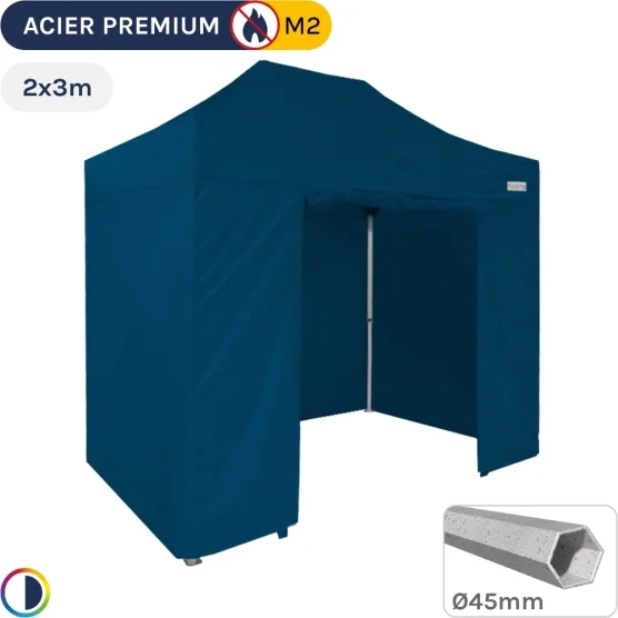 Barnum Pliant - Stand Acier Premium M2 2x3m BLEU + Pack Côtés 380gr/m²