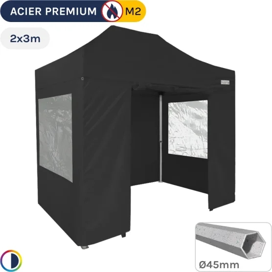 Barnum Pliant - Stand Acier Premium M2 2x3m NOIR + Pack Fenêtres 380gr/m²