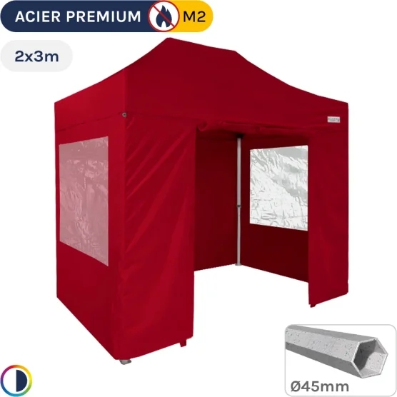 Barnum Pliant - Stand Acier Premium M2 2x3m ROUGE + Pack Fenêtres 380gr/m²