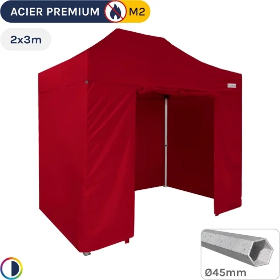 Barnum Pliant - Stand Acier Premium M2 2x3m ROUGE + Pack Côtés 380gr/m²