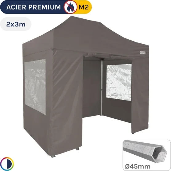 Barnum Pliant - Stand Acier Premium M2 2x3m TAUPE + Pack Fenêtres 380gr/m²