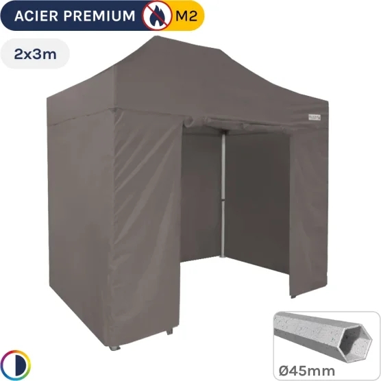 Barnum Pliant - Stand Acier Premium M2 2x3m TAUPE + Pack Côtés 380gr/m²