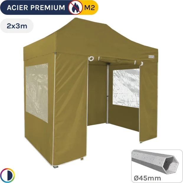 Barnum Pliant - Stand Acier Premium M2 2x3m VERT DORÉ + Pack Fenêtres 380gr/m²