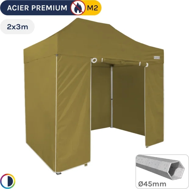 Barnum Pliant - Stand Acier Premium M2 2x3m VERT DORÉ + Pack Côtés 380gr/m²