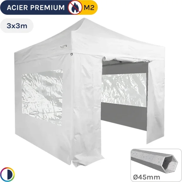 Barnum Pliant - Stand Acier Premium M2 3x3m BLANC + Pack Fenêtres 380gr/m²