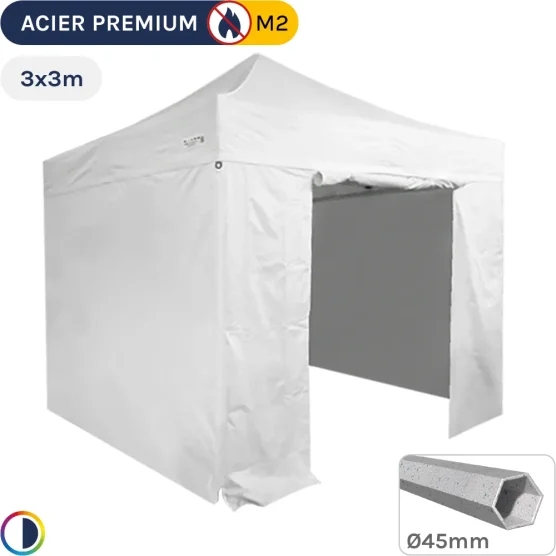 Barnum Pliant - Stand Acier Premium M2 3x3m BLANC + Pack Côtés 380gr/m²