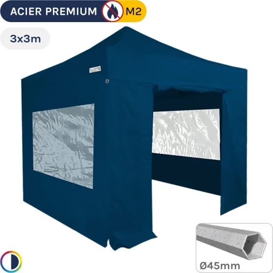 Barnum Pliant - Stand Acier Premium M2 3x3m BLEU + Pack Fenêtres 380gr/m²