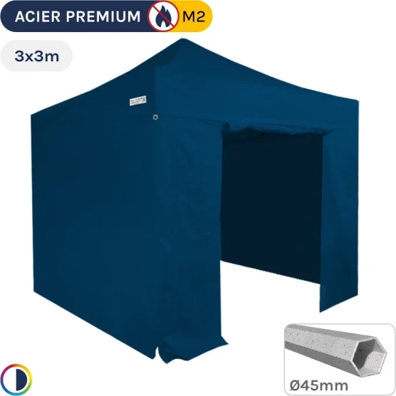 Barnum Pliant - Stand Acier Premium M2 3x3m BLEU + Pack Côtés 380gr/m²