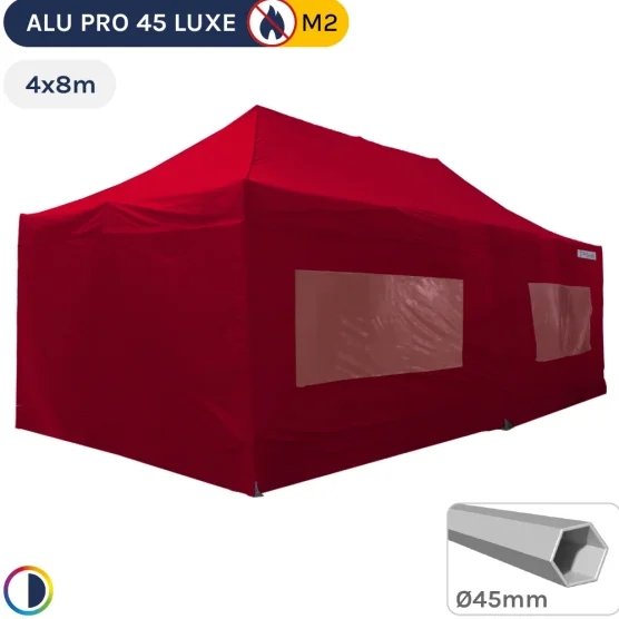 Barnum pliant - Stand pliant Alu Pro 45 LUXE M2 4mx8m ROUGE + Pack Fenêtres 380gr/m²