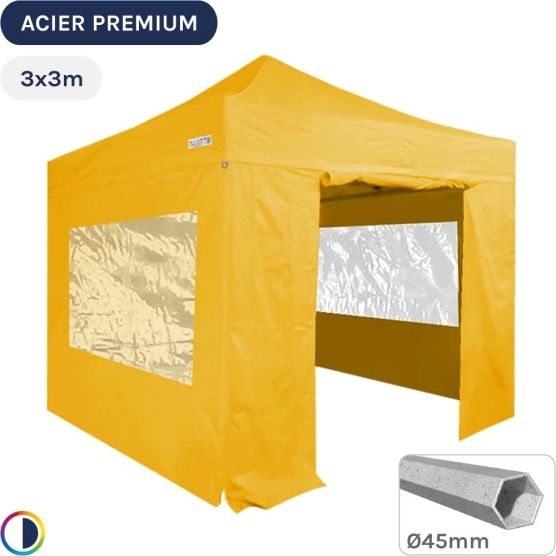 Barnum Pliant - Stand Acier Premium 3x3m JAUNE + Pack Fenêtres 380gr/m²