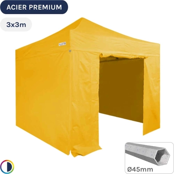 Barnum Pliant - Stand Acier Premium 3x3m JAUNE + Pack Côtés 380gr/m²