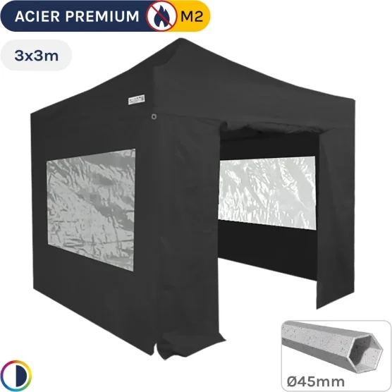 Barnum Pliant - Stand Acier Premium M2 3x3m NOIR + Pack Fenêtres 380gr/m²