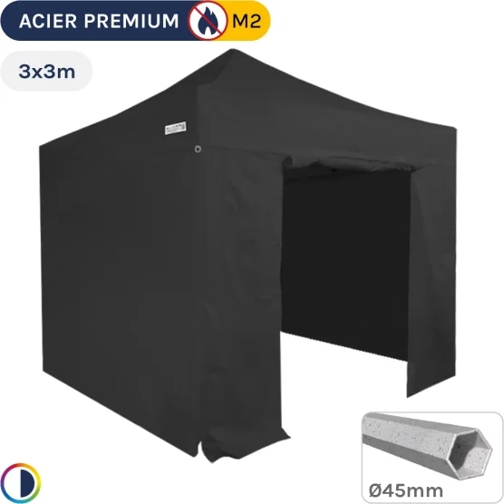 Barnum Pliant - Stand Acier Premium M2 3x3m NOIR + Pack Côtés 380gr/m²