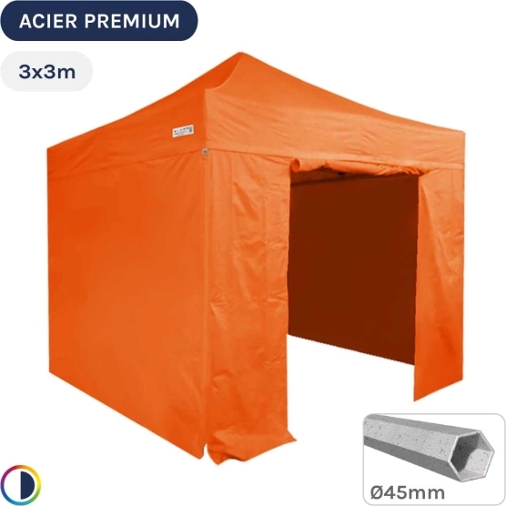 Barnum Pliant - Stand Acier Premium 3x3m ORANGE + Pack Côtés 380gr/m²