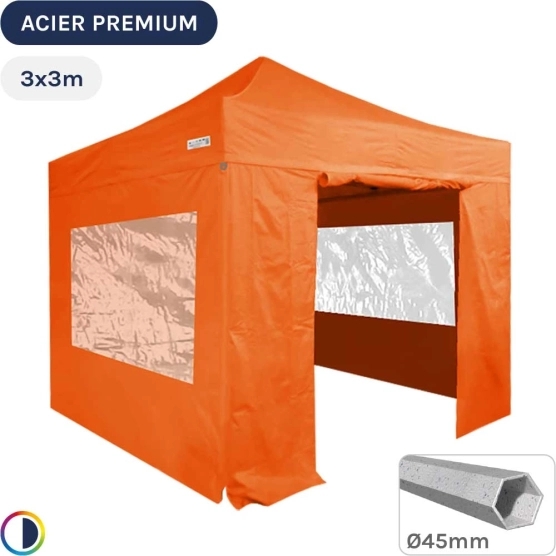 Barnum Pliant - Stand Acier Premium 3x3m ORANGE + Pack Fenêtres 380gr/m²