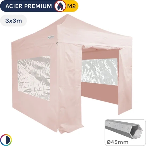 Barnum Pliant - Stand Acier Premium M2 3x3m ROSE POUDRÉ + Pack Fenêtres 380gr/m²