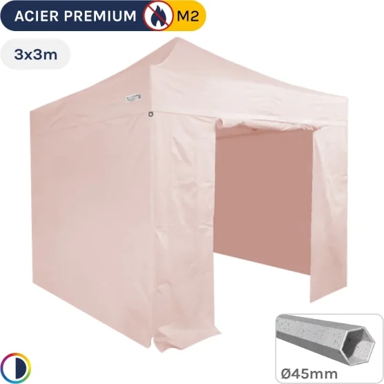 Barnum Pliant - Stand Acier Premium M2 3x3m ROSE POUDRÉ + Pack Côtés 380gr/m²