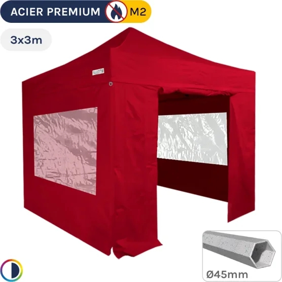 Barnum Pliant - Stand Acier Premium M2 3x3m ROUGE + Pack Fenêtres 380gr/m²