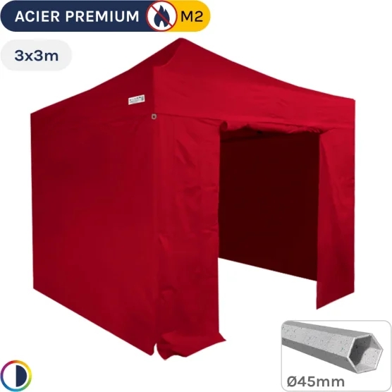 Barnum Pliant - Stand Acier Premium M2 3x3m ROUGE + Pack Côtés 380gr/m²