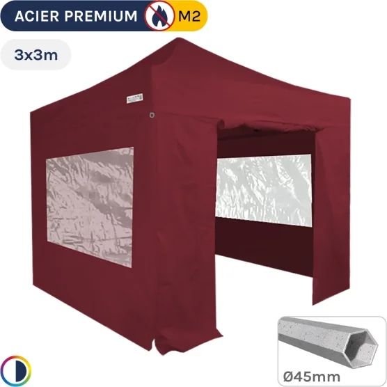 Barnum Pliant - Stand Acier Premium M2 3x3m ROUGE BORDEAUX + Pack Fenêtres 380gr/m²