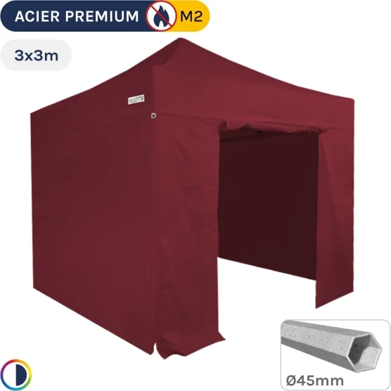 Barnum Pliant - Stand Acier Premium M2 3x3m ROUGE BORDEAUX + Pack Côtés 380gr/m²