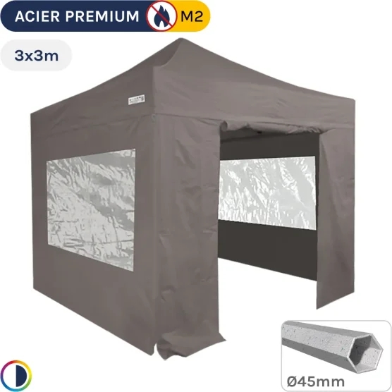 Barnum Pliant - Stand Acier Premium M2 3x3m TAUPE + Pack Fenêtres 380gr/m²