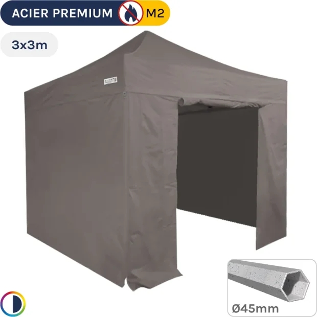 Barnum Pliant - Stand Acier Premium M2 3x3m TAUPE + Pack Côtés 380gr/m²