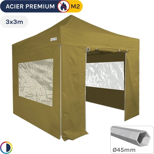 Barnum Pliant - Stand Acier Premium M2 3x3m VERT DORÉ + Pack Fenêtres 380gr/m²