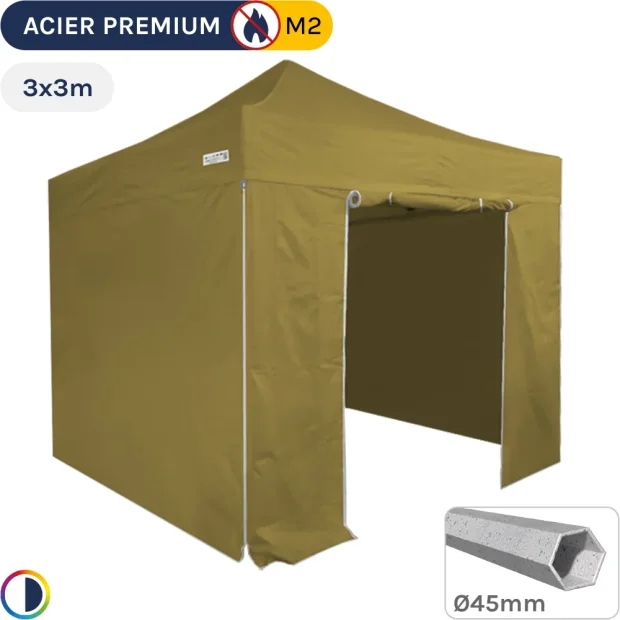 Barnum Pliant - Stand Acier Premium M2 3x3m VERT DORÉ + Pack Côtés 380gr/m²