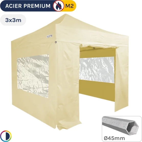 Barnum Pliant - Stand Acier Premium M2 3x3m BEIGE + Pack Fenêtres 380gr/m²