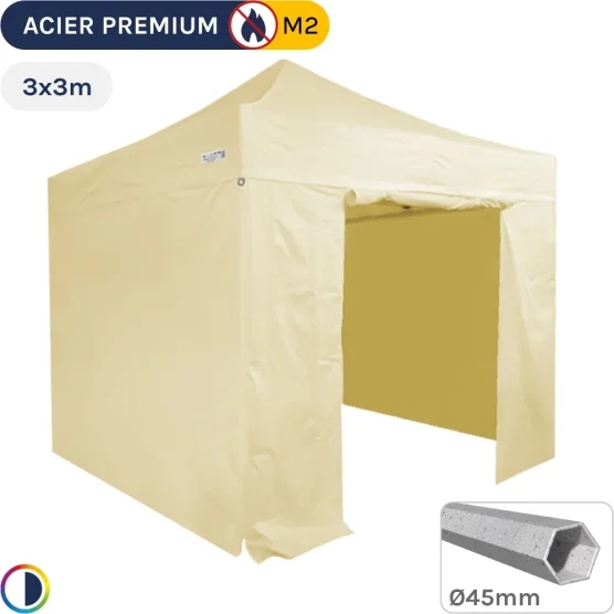 Barnum Pliant - Stand Acier Premium M2 3x3m BEIGE + Pack Côtés 380gr/m²