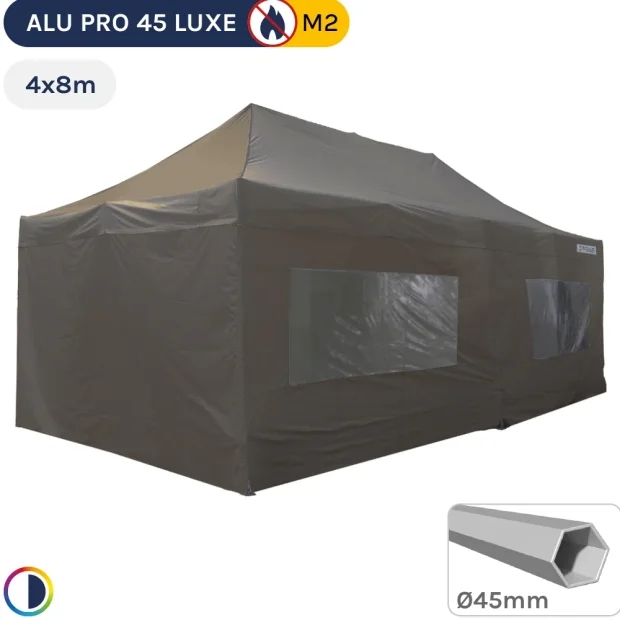 Barnum pliant - Tente pliante Alu Pro 45 LUXE M2 4mx8m TAUPE + Pack Fenêtres 380gr/m²